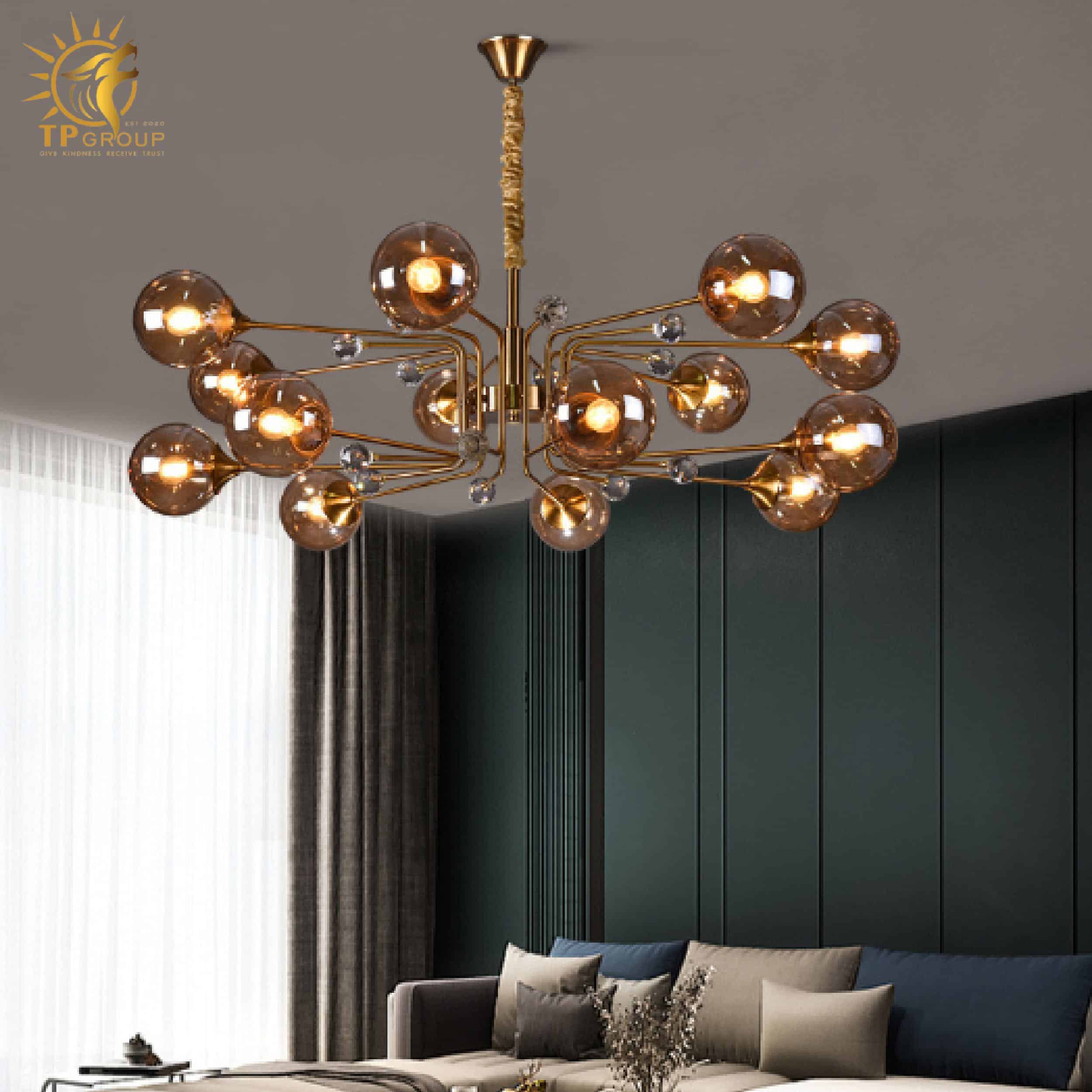 Đèn chùm thả thủy tinh màu trà 114A20 8 tay