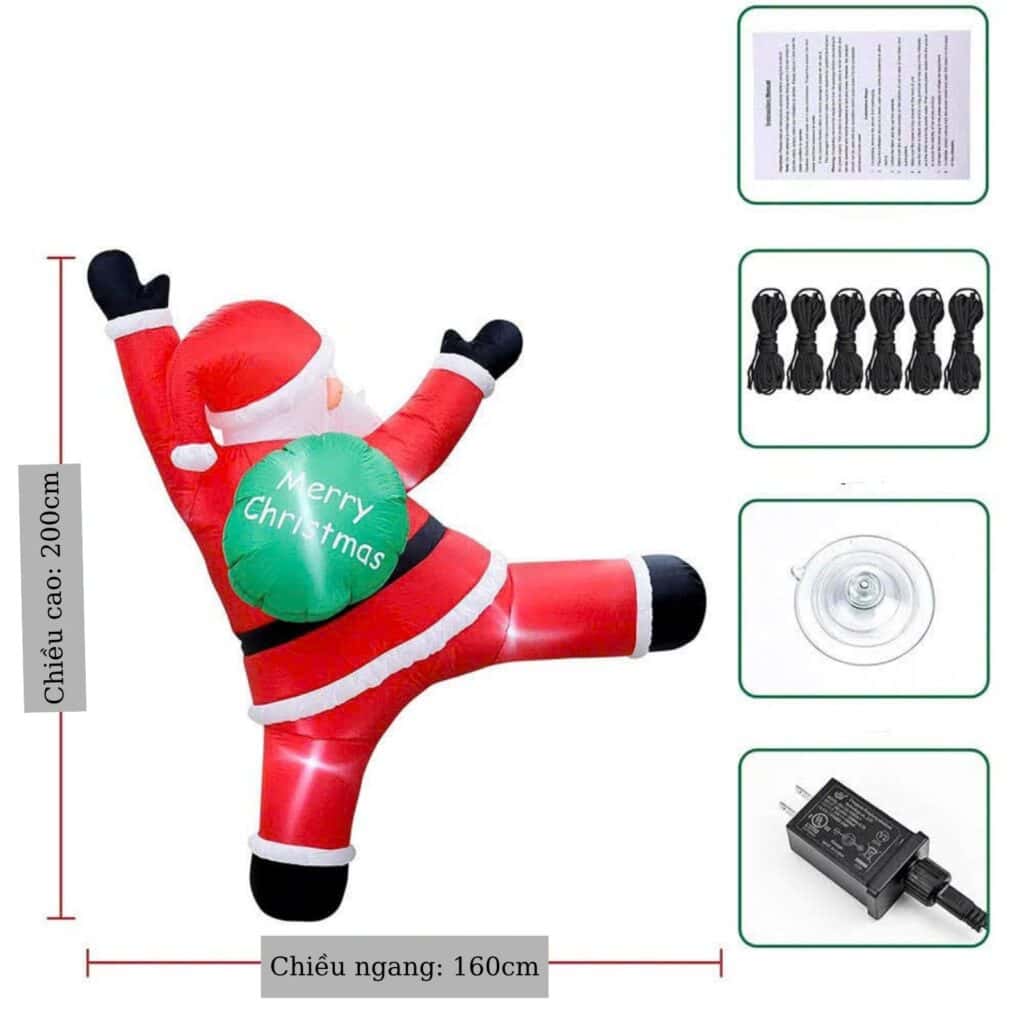 Ông già noel leo tường bơm hơi, có đèn, cao 2m