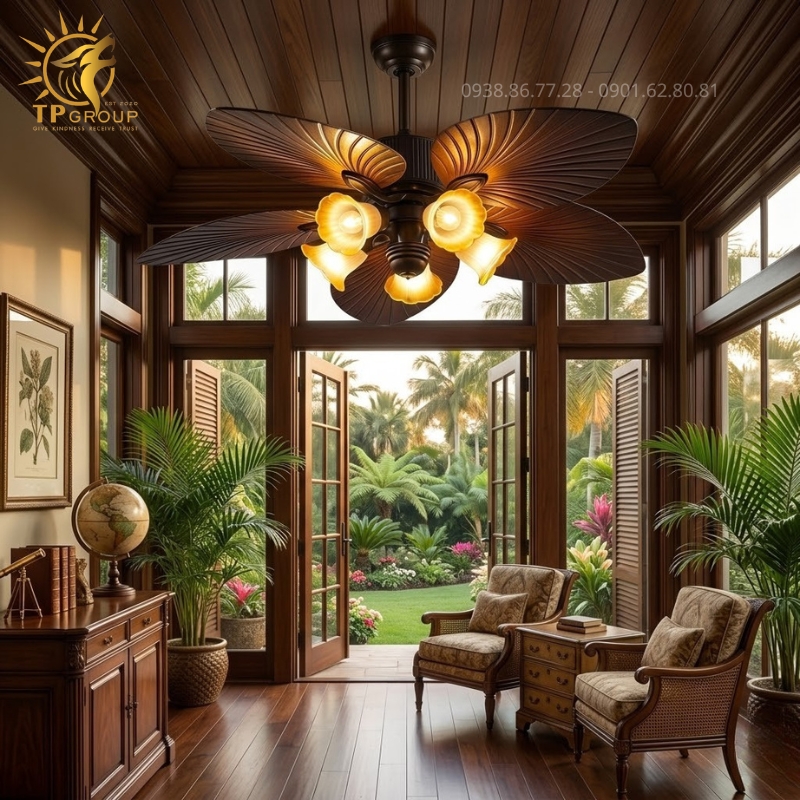 Quạt Trần Đèn Cánh Lá Cọ Cao Cấp TPG-8639 – Bản Giao Hưởng Của Ánh Sáng Và Gió Nghệ Thuật