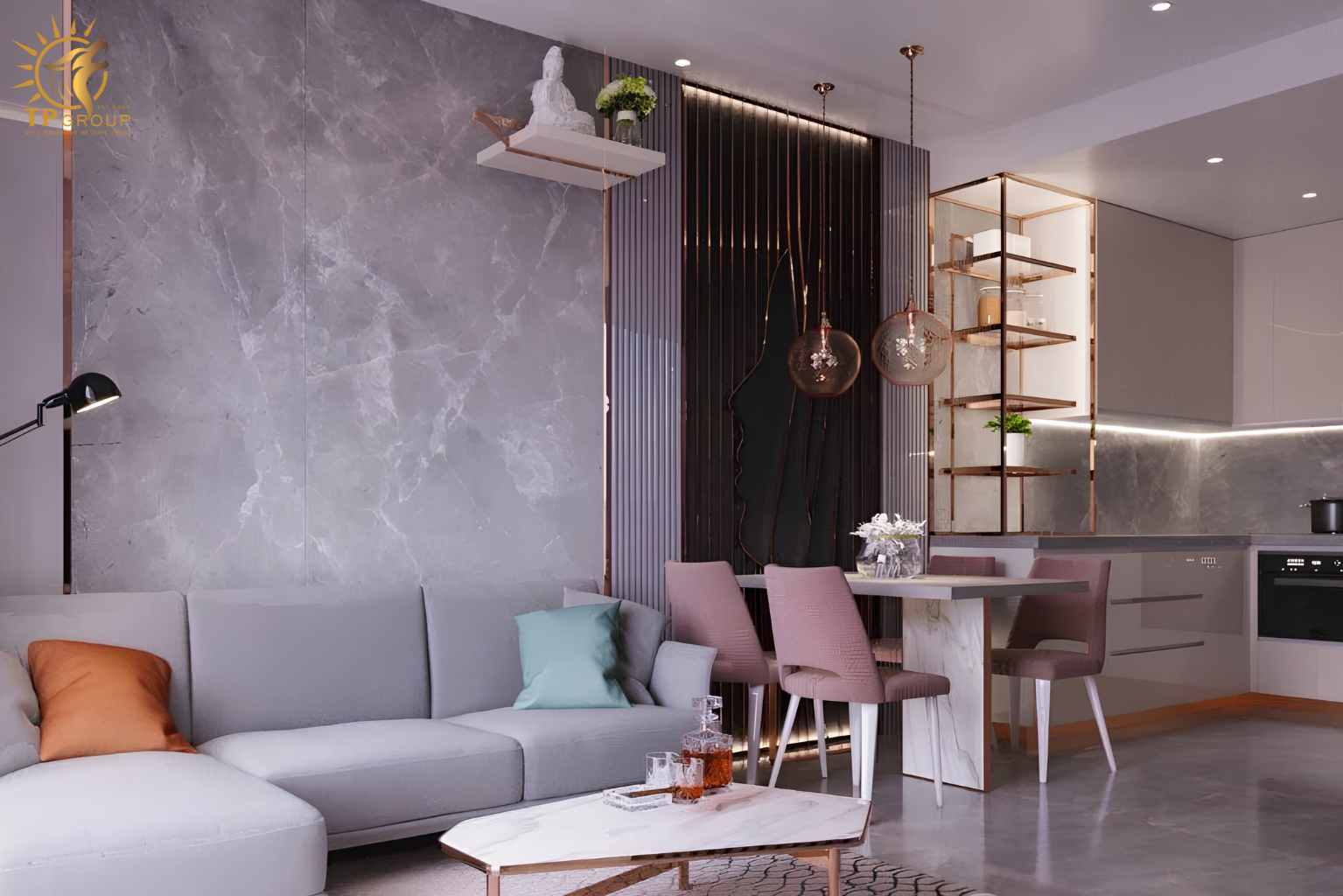 Thi Công Đèn Nội Thất Căn Hộ Vista Verde Trọn Gói Cùng TP Group 2 Hình ảnh thực tế: Đèn treo bàn ăn và vách đèn trang trí nổi bật