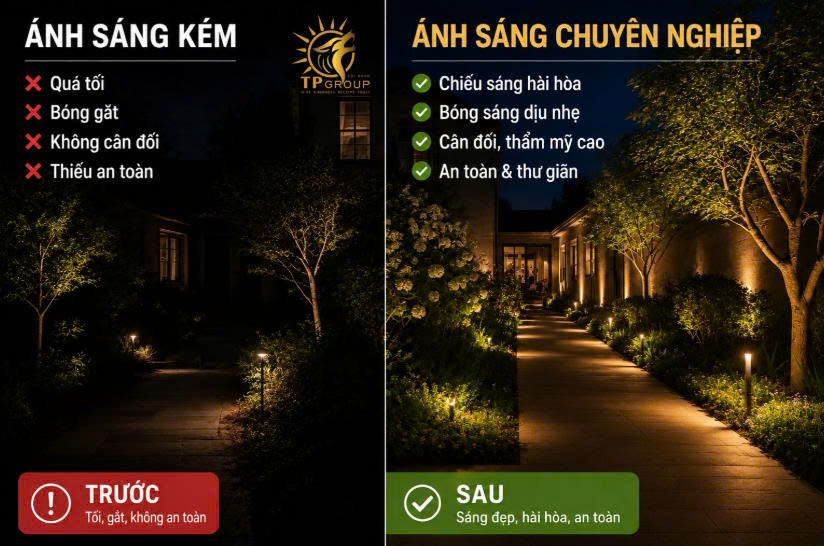 Vì Sao Cần Lắp Đặt Đèn Cảnh Quan Đúng Kỹ Thuật? 10 Sai Lầm Thường Gặp 3 Kết quả sau khi thi công cảnh quan ánh sáng