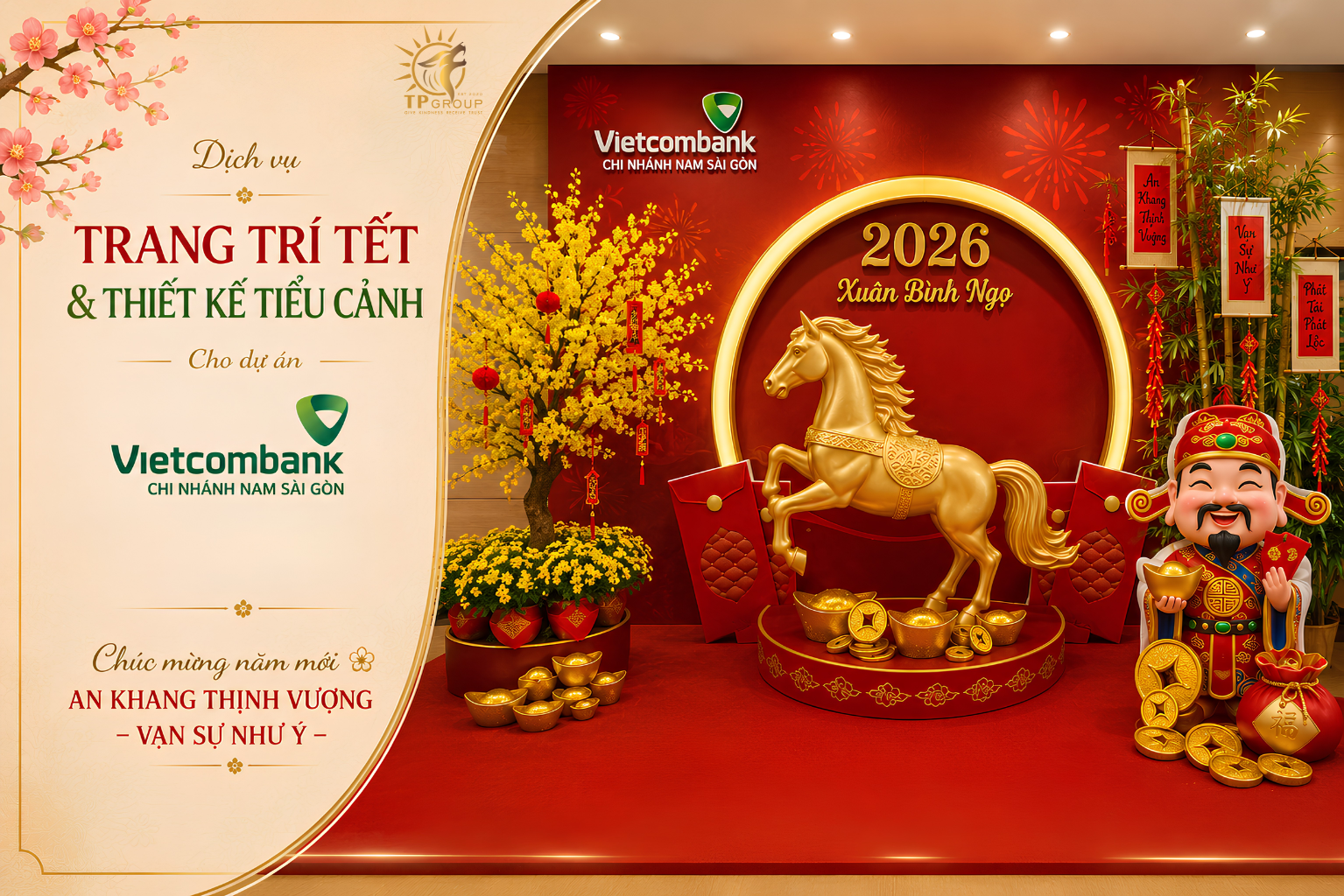 Dịch Vụ Trang Trí Tết Doanh Nghiệp & Thiết Kế Tiểu Cảnh Tết Trọn Gói – Dự Án Thực Tế Vietcombank Nam Sài Gòn (TP Group) 1 Mã Đáo Thành Công tôn vinh vẻ đẹp thương hiệu