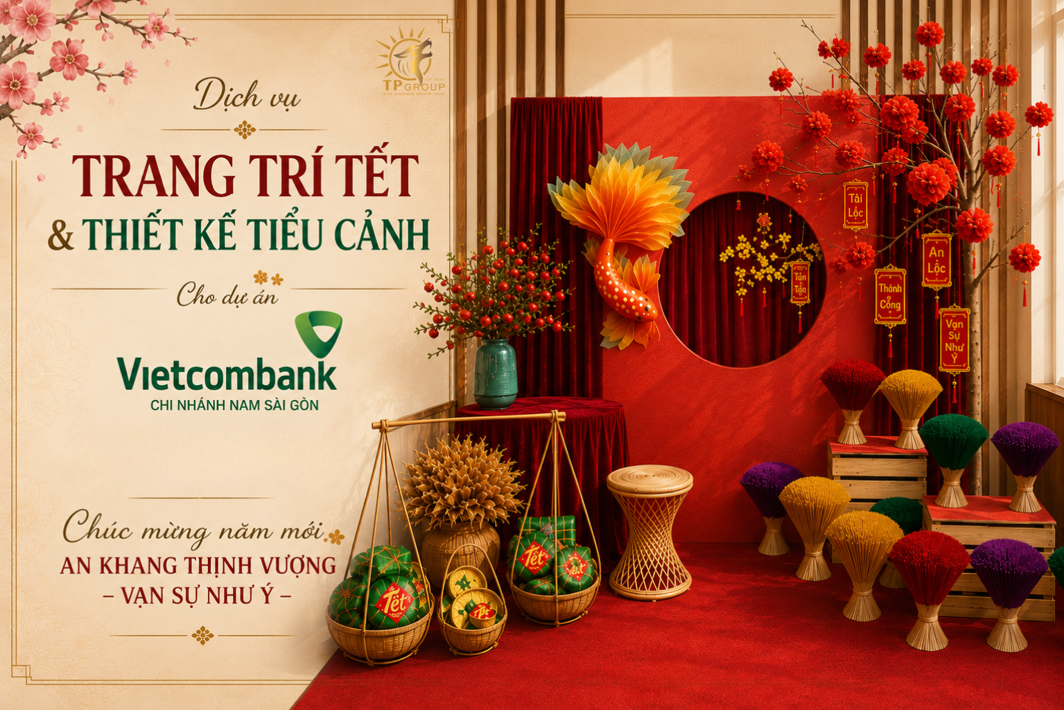 Dịch Vụ Trang Trí Tết Doanh Nghiệp & Thiết Kế Tiểu Cảnh Tết Trọn Gói – Dự Án Thực Tế Vietcombank Nam Sài Gòn (TP Group) 3 Góc nghệ thuật: Làng nhang đa sắc và biểu tượng cá chép may mắn