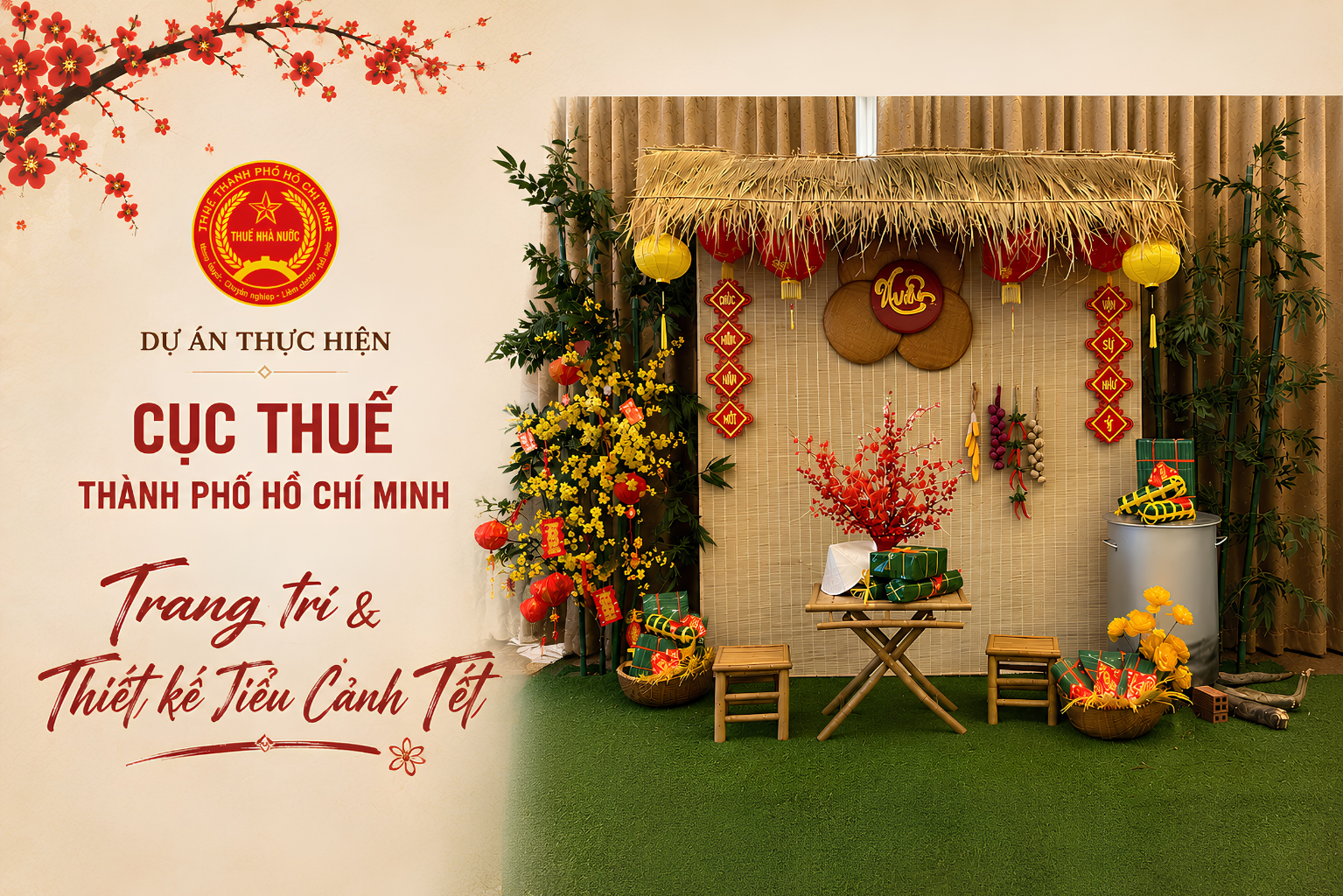 Góc không gian mái lá tranh và nồi nấu bánh chưng Tết xưa