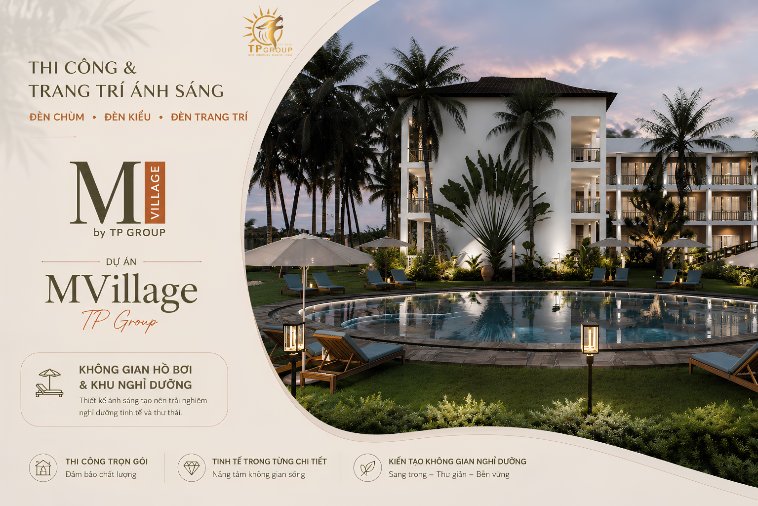 Dịch Vụ Thi Công Ánh Sáng Resort, Hotel, Villa Trọn Gói – Nâng Tầm Không Gian Nghỉ Dưỡng 3 Mảng thi công ánh sáng Resort và Villa cảnh quan hồ bơi mang lại trải nghiệm nghỉ dưỡng lãng mạn.