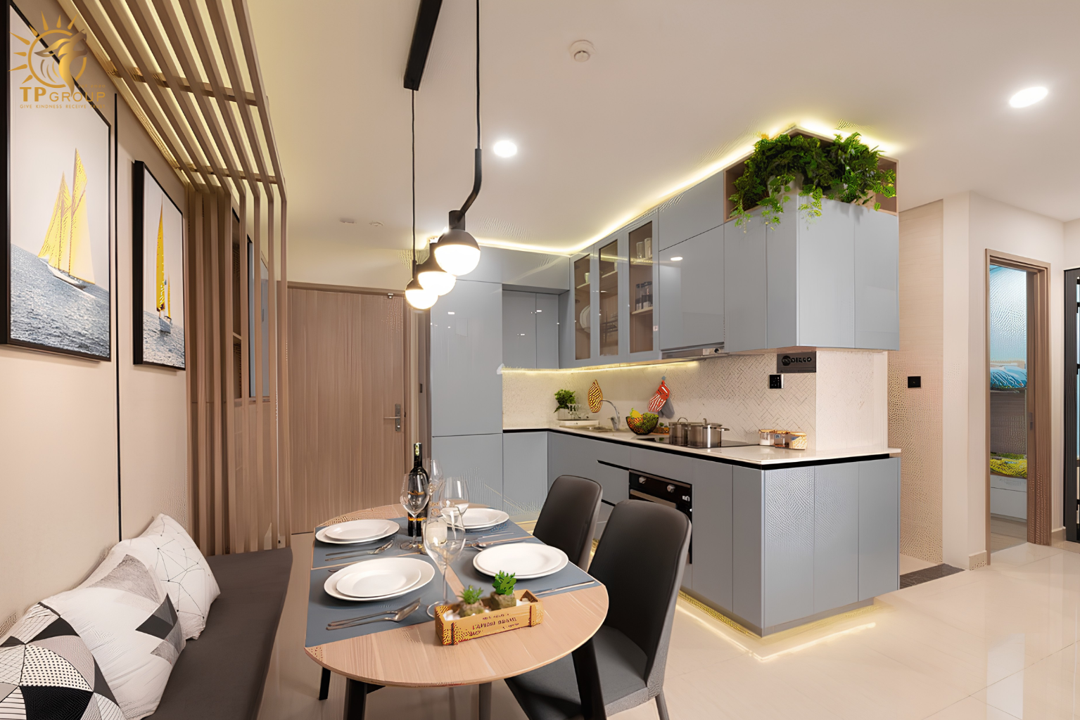 Căn bếp hiện đại với hệ thống LED hắt gầm tủ & trần thạch cao