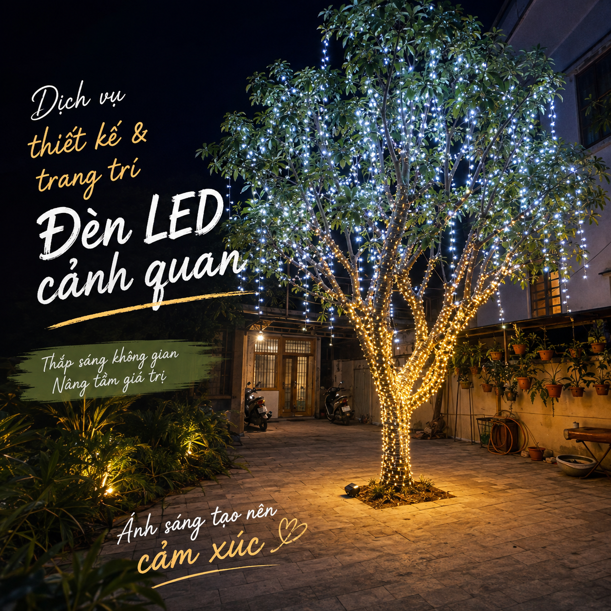 Dịch Vụ Thi Công Đèn LED Cảnh Quan - Giăng Đèn Cây Xanh & Đường Phố Đẳng Cấp | TP GROUP 1 Quấn dây LED ôm thân và cành cây trang trí ngoại thất