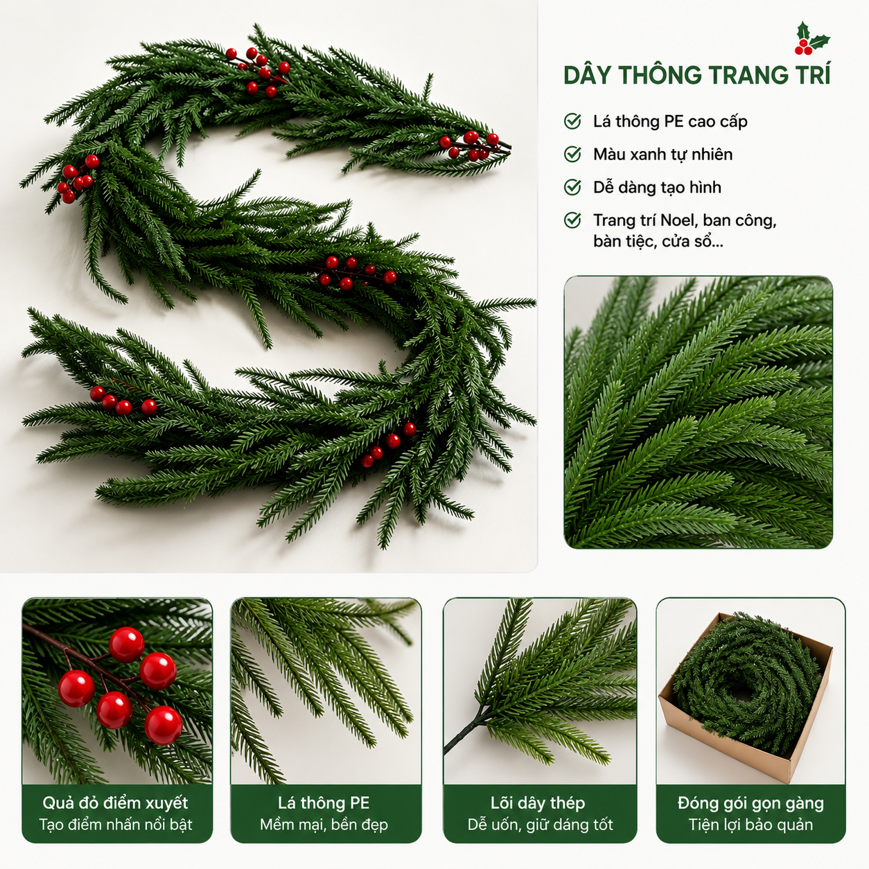 Dây Thông Noel PE Quả Đỏ – Phụ Kiện Trang Trí Giáng Sinh Cao Cấp & Sang Trọng